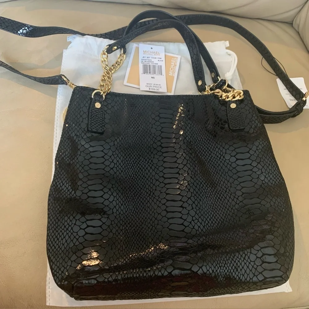 Michael Kors Jet Set Chain Black Messenger Embossed Leather 35F4GTCM2G Brand New
